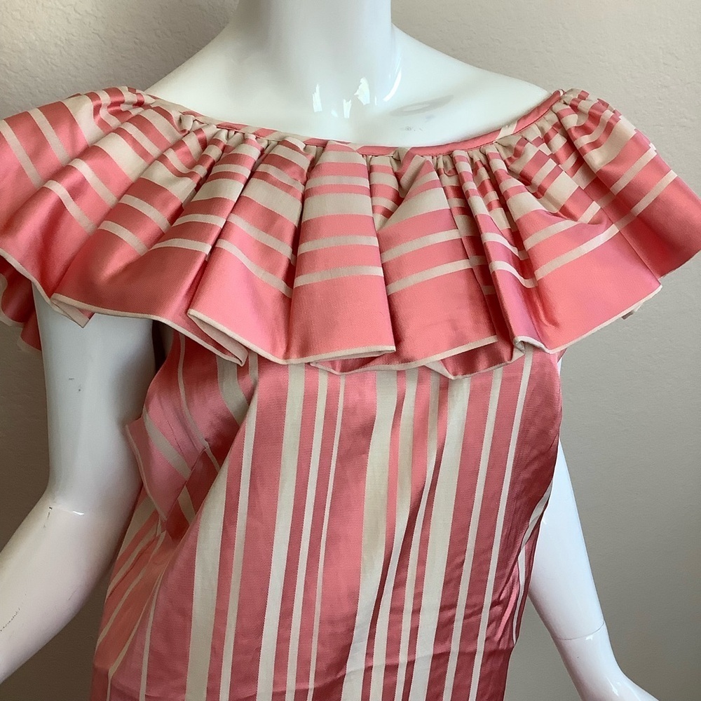Trina Turk Coral Happy Elegant Coral Striped Ruffle Off-Shoulder Dress - Picture 6 of 11